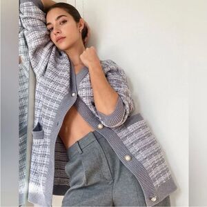 Babaton Lacer Cardigan V-Neck Button Front Long Sleeve Checkered Gray Women's XS